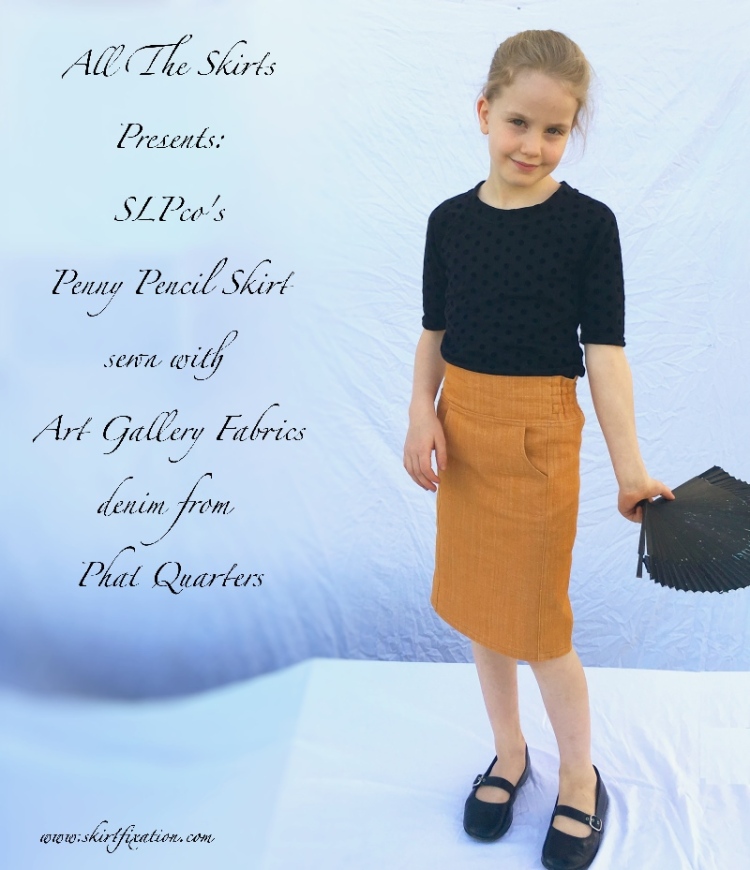 Penny Pencil Skirt sewn by Skirt Fixation using Art Gallery Fabrics denim from Phat Quarters. A perfect denim skirt for a little girl!