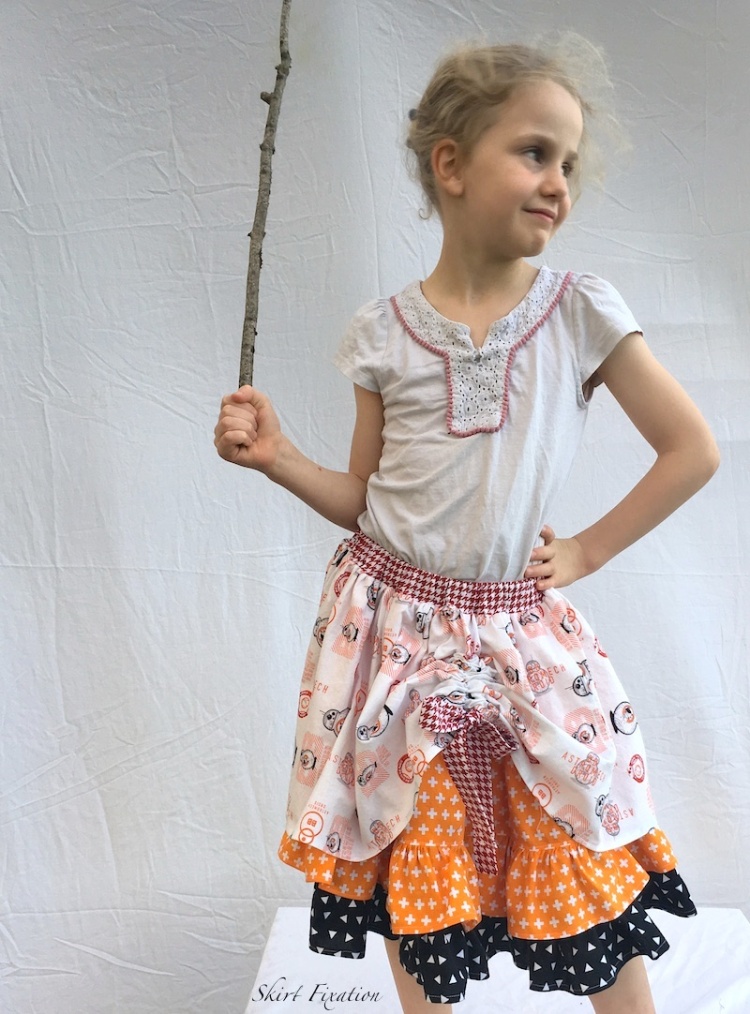 Pepper's Peekaboo Ruffle Skirt sewn by Skirt Fixation using Star Wars fabric from Phat Quarters